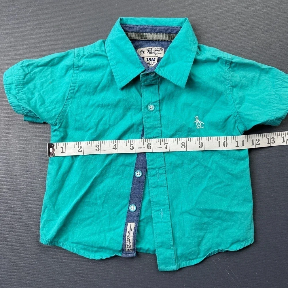 Penguin By Munsingwear Baby Boys 18M Blue Button Up Short Sleeve Classic Blouses
